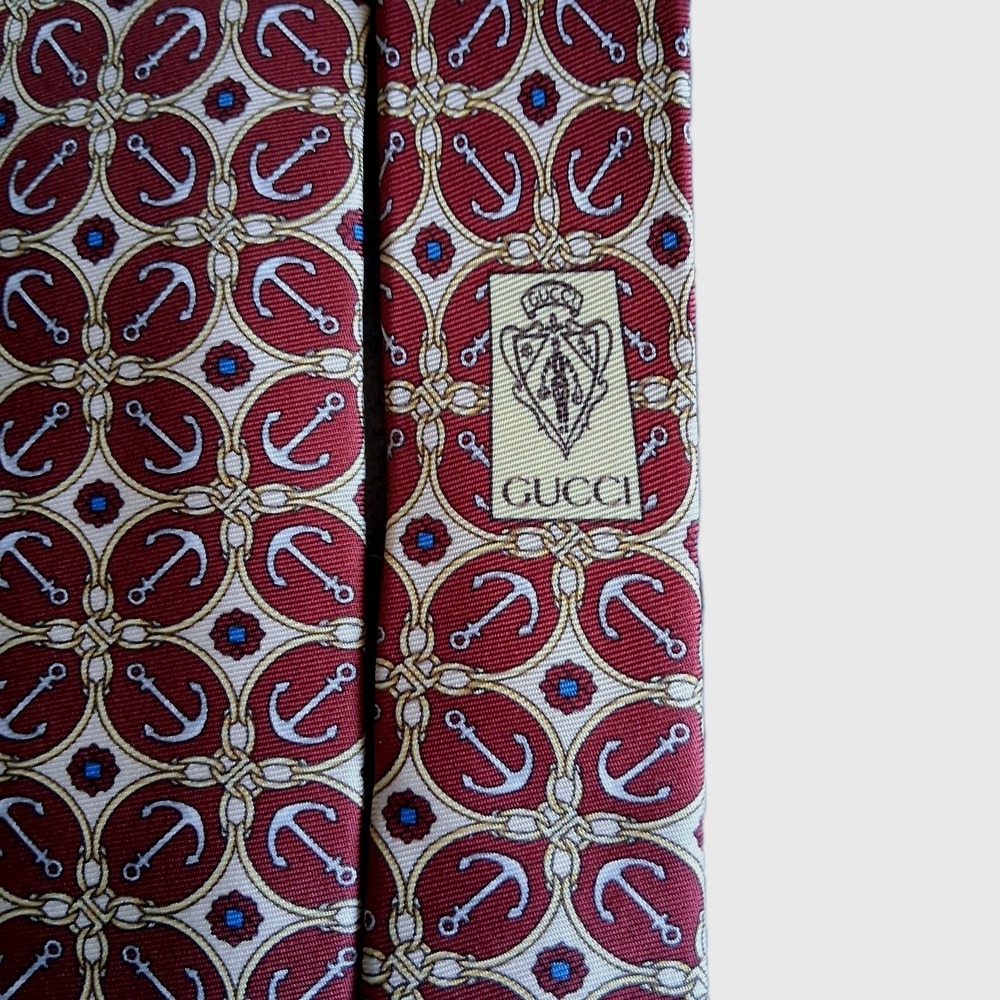 Vintage Gucci Silk Tie Made In Italy Nautical Anchor Pattern Designer Classic - Picture 2 of 8